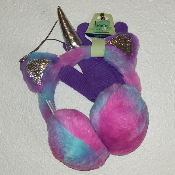 Girls 2-PC Matching Earmuffs & Gloves Glitter Multi-Color Unicorn  NWT - Picture 1 of 7